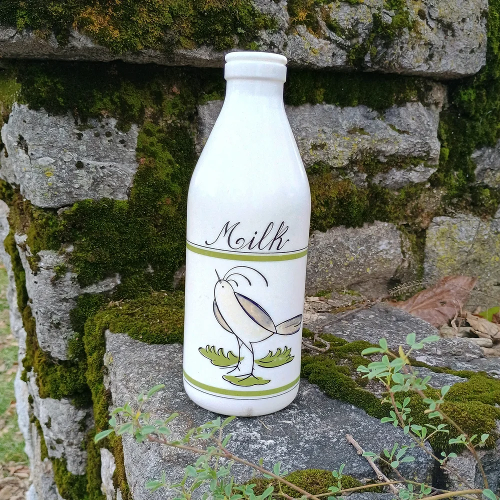 VTG Eqizia white glass quart size milk bottle, bird decor, whimsical decor